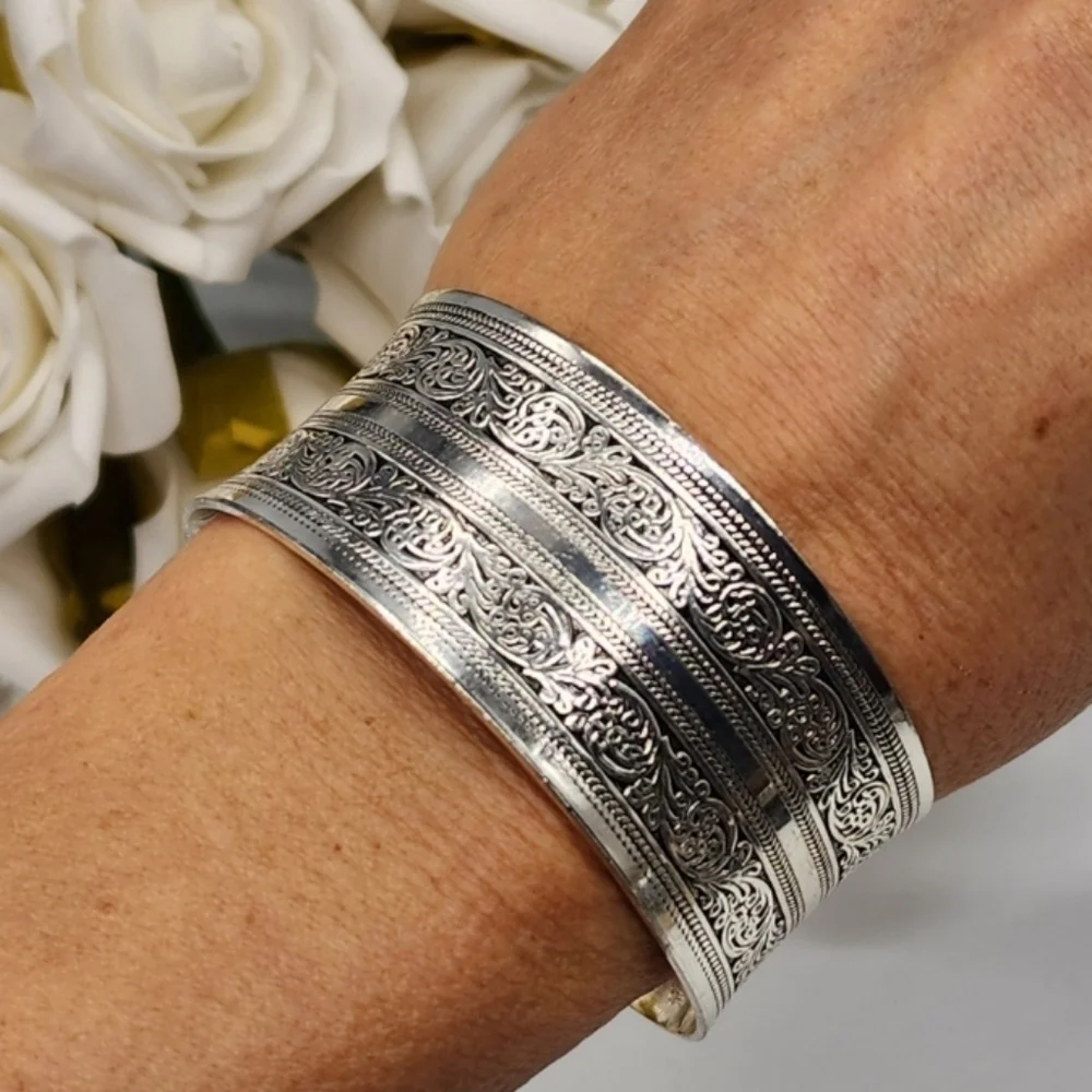 Boho Silver Bracelet Wide Band Flexible Adjustable